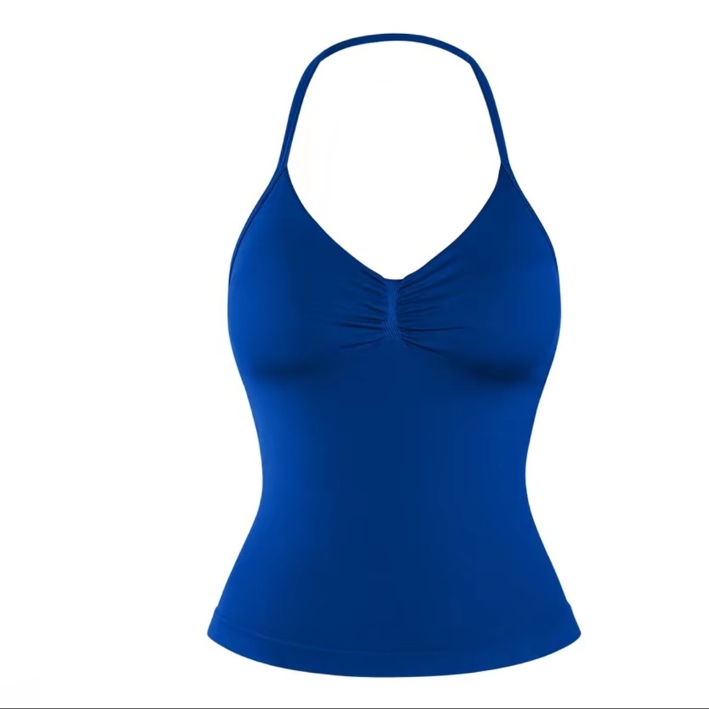 Womens Blue Ruched V-Neck Halter Tank Top